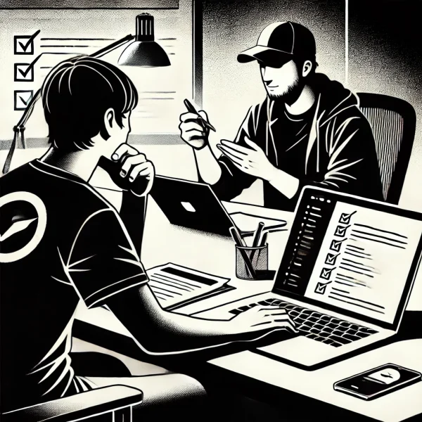 picture of two founders discussing and working on product quality